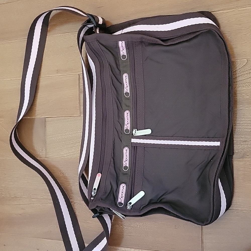 LeSportsac Saddle Messenger Tote Bag Crossbody Purse Brown Nylon Pink Branding